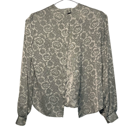 Vintage 80s Blouse Womens S Gray Floral Satin Grannycore Dainty Retro USA Made - Picture 3 of 8